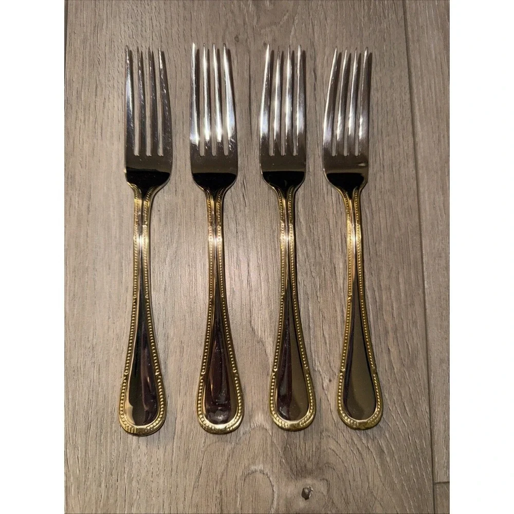 4 Dinner‎ Forks Yamazaki Allegra GLOSSY Stainless Gold Accents